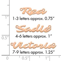A scale showing three copper-colored nameplate pendants with approximate sizes: "Reo" at 0.75 inches for 1-3 letters, "Sadie" at 1 inch for 4-6 letters, and "Victoria" at 1.25 inches for 7-9 letters.