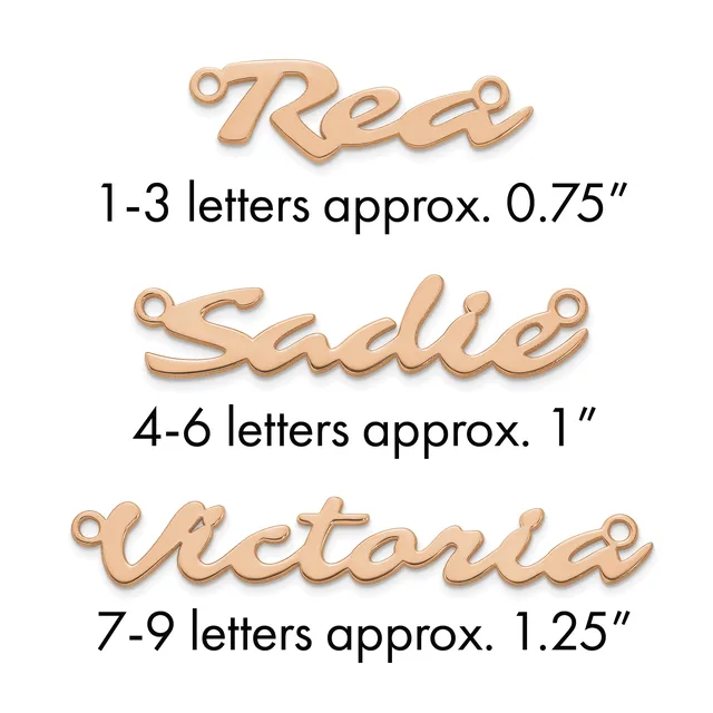 Three rose gold name charm pendants shown with their approximate sizes: "Red" at 0.75 inches, "Sadie" at 1 inch, and "Victoria" at 1.25 inches, each with a loop for attachment.