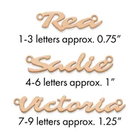 Three rose gold name charm pendants shown with their approximate sizes: "Red" at 0.75 inches, "Sadie" at 1 inch, and "Victoria" at 1.25 inches, each with a loop for attachment.