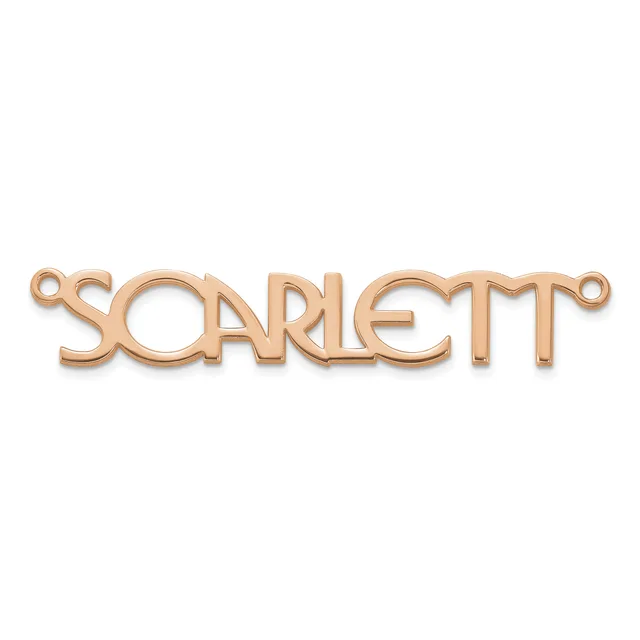 Rose gold-toned metal connector pendant with the word "SCARLETT" cut out in a decorative font, featuring small loops at each end.