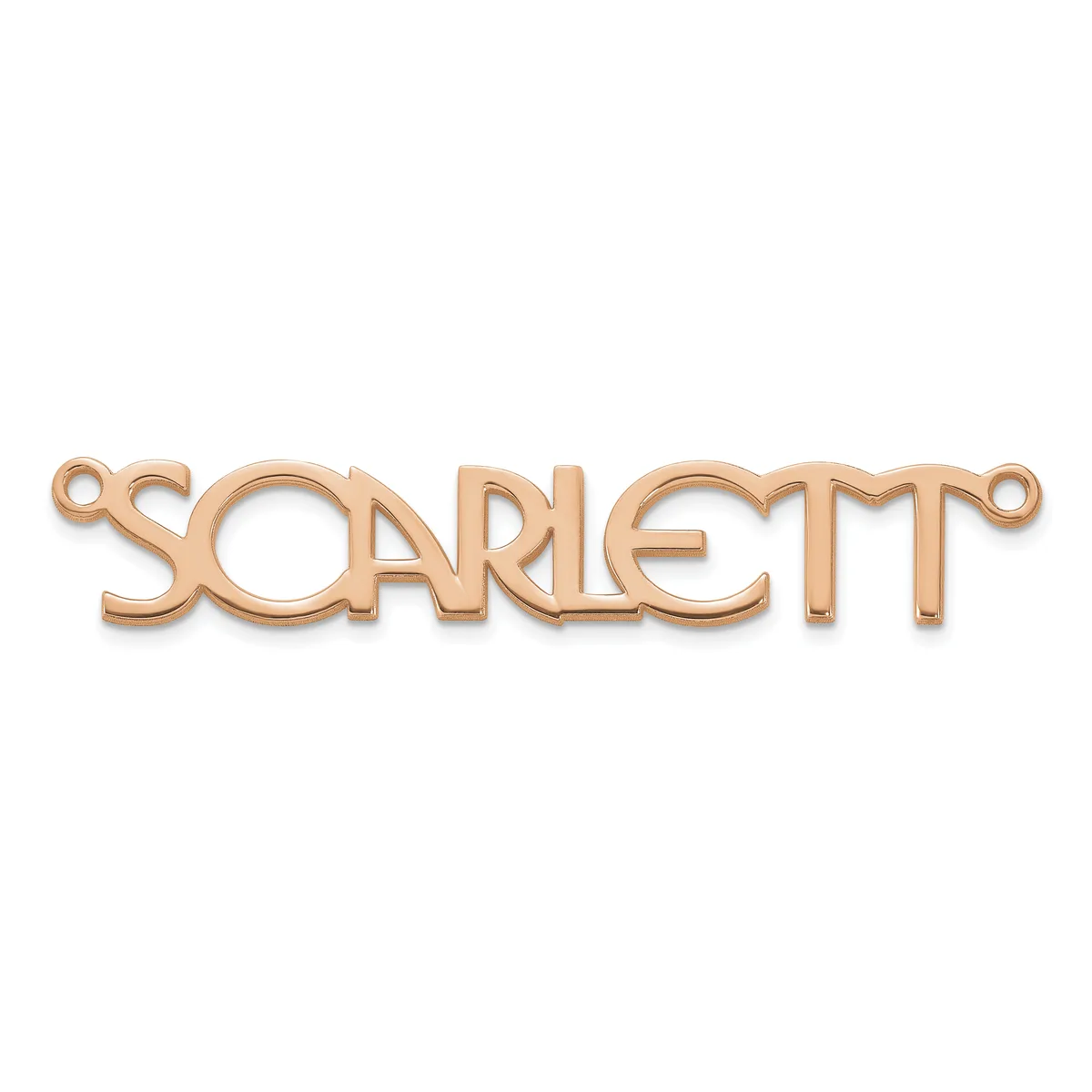 Rose gold-toned metal connector pendant with the word "SCARLETT" cut out in a decorative font, featuring small loops at each end.