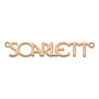 Rose gold-toned metal connector pendant with the word "SCARLETT" cut out in a decorative font, featuring small loops at each end.