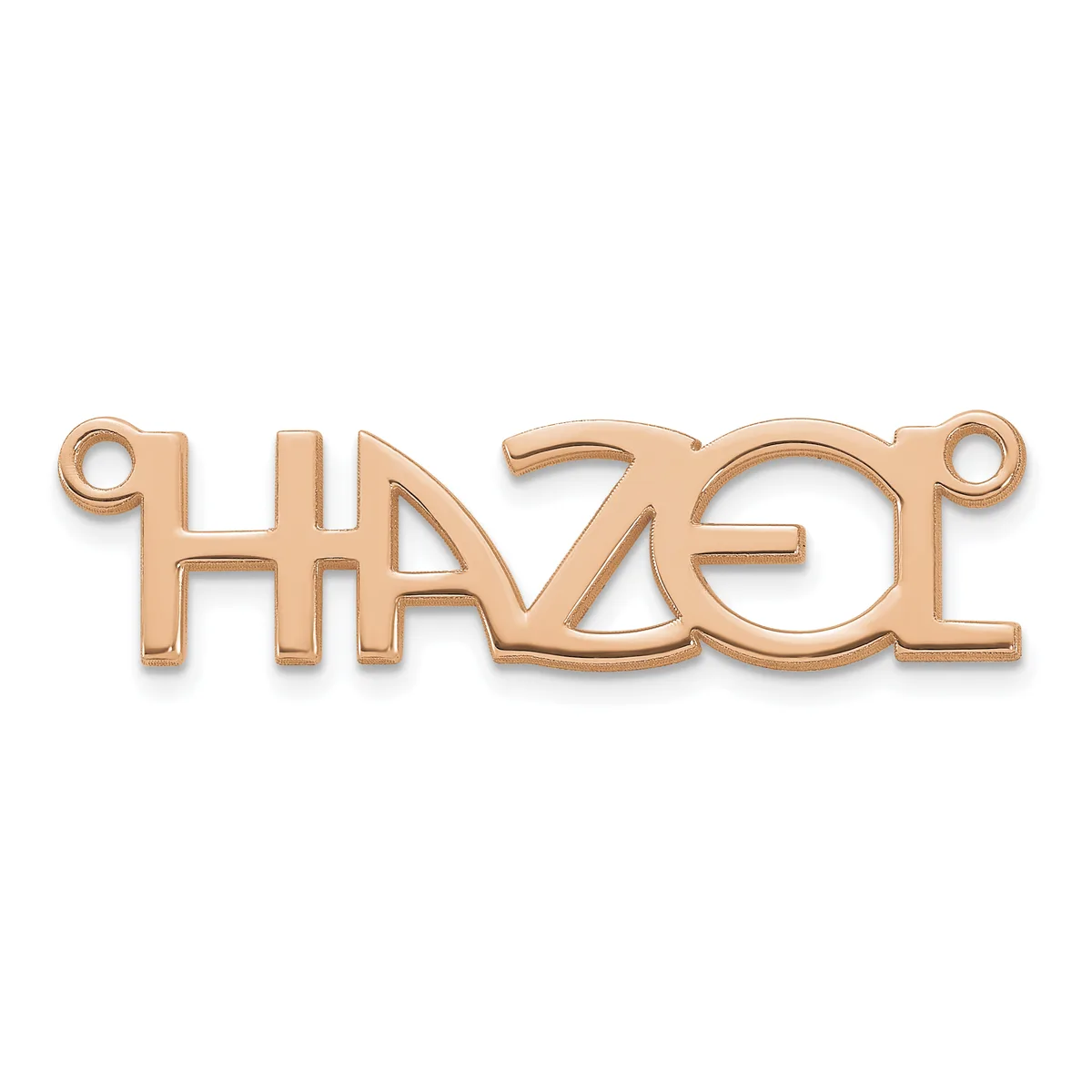 Rose gold-colored metal pendant with cutout letters spelling a word, featuring small loops at each end for attachment.