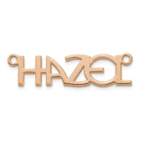 Rose gold-colored metal pendant with cutout letters spelling a word, featuring small loops at each end for attachment.