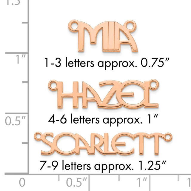Three rose gold letter charms with loop connectors shown at actual size: MR at 0.75 inches, HAZEL at 1 inch, and SCARLETT at 1.25 inches, displayed against a measurement ruler.