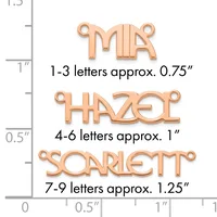 Three rose gold letter charms with loop connectors shown at actual size: MR at 0.75 inches, HAZEL at 1 inch, and SCARLETT at 1.25 inches, displayed against a measurement ruler.