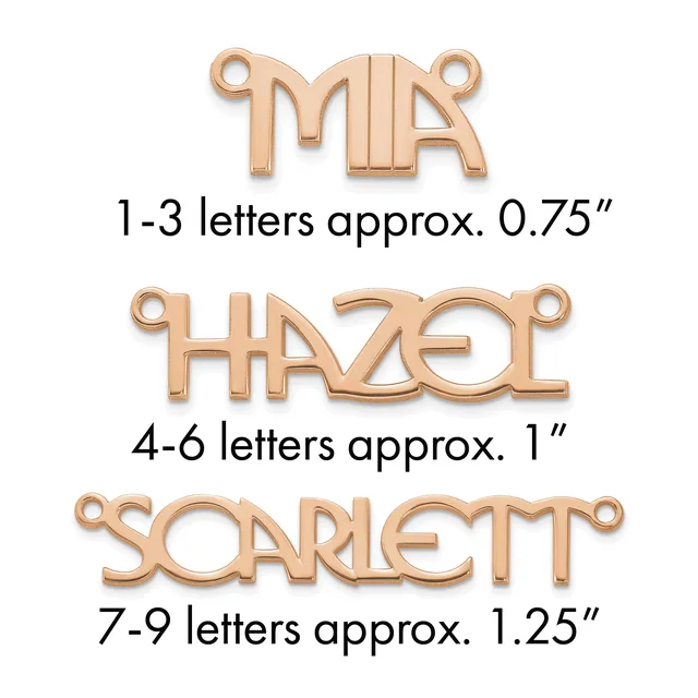 Three rose gold letter pendants with loops showing size comparisons: MR at 0.75 inches, HAZEL at 1 inch, and SCARLETT at 1.25 inches.
