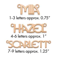 Three rose gold letter pendants with loops showing size comparisons: MR at 0.75 inches, HAZEL at 1 inch, and SCARLETT at 1.25 inches.
