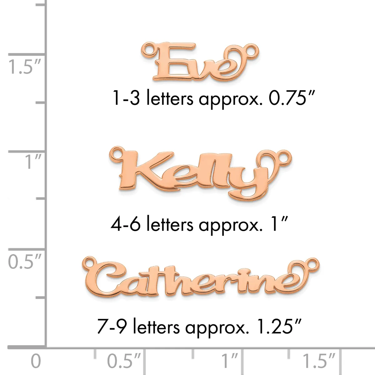 Three copper name pendants displayed on a measurement scale showing sizing: a small pendant for 1-3 letters at 0.75 inches, a medium pendant for 4-6 letters at 1 inch, and a larger pendant for 7-9 letters at 1.25 inches.