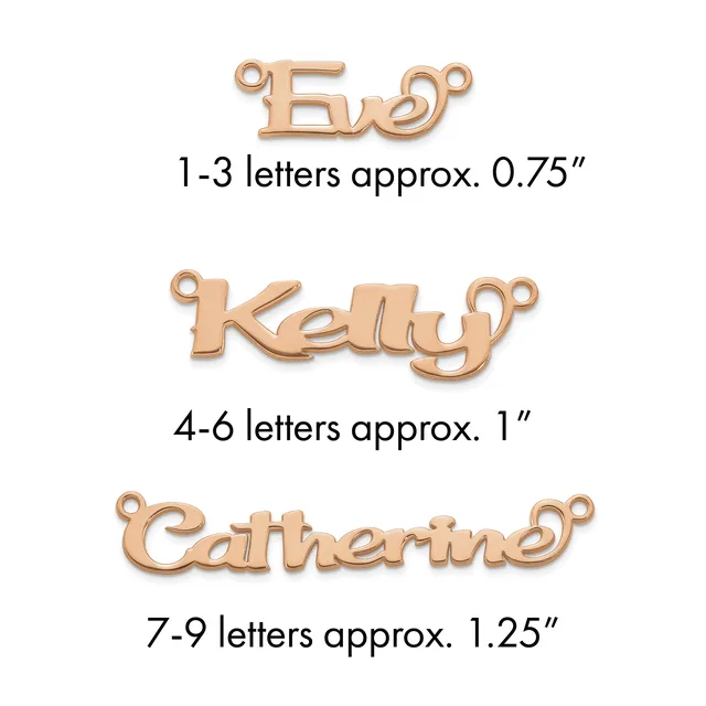 Three rose gold name pendants shown with loops at top, labeled by letter count and approximate width: Eve at 0.75 inches, Kelly at 1 inch, and Catherine at 1.25 inches.