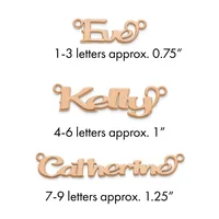 Three rose gold name pendants shown with loops at top, labeled by letter count and approximate width: Eve at 0.75 inches, Kelly at 1 inch, and Catherine at 1.25 inches.