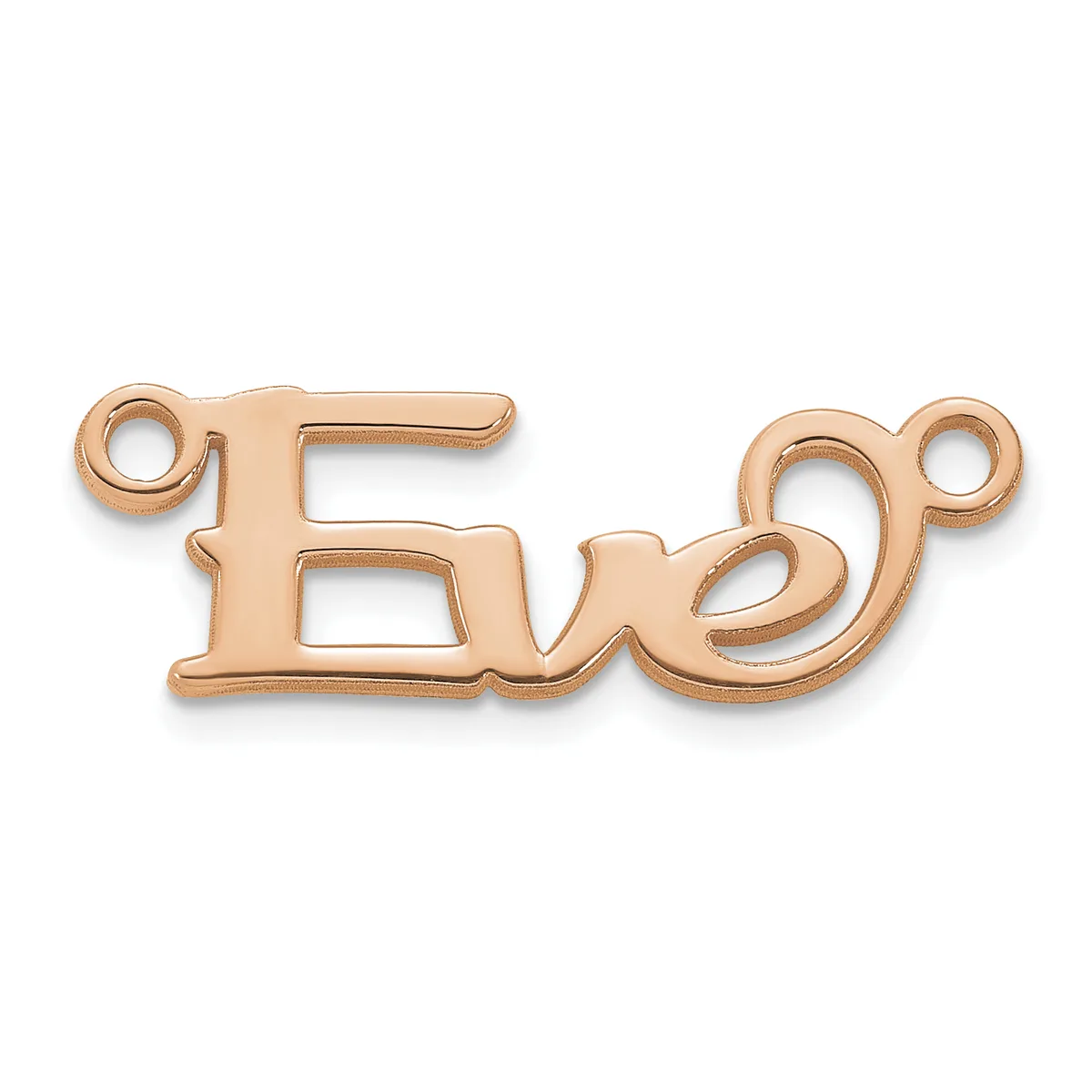 Rose gold-colored metal charm in the shape of the word "Love" with two small loops at the top for attachment.