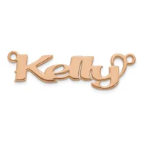Rose gold-colored metal nameplate pendant spelling "kelly" with loop attachments at each end.