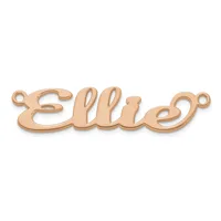 Rose gold-colored metal nameplate pendant spelling "ellie" with small loops on each end for attaching to a chain.