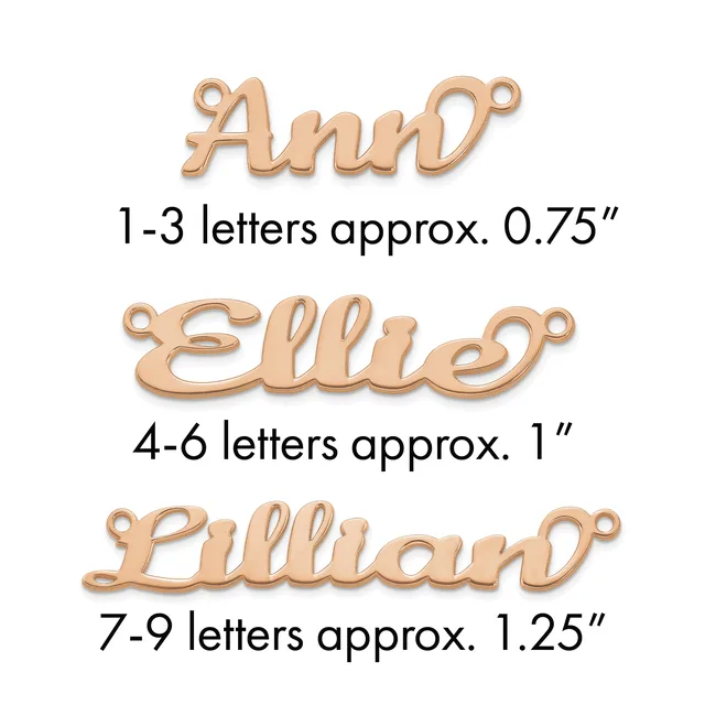 Three rose gold nameplate pendants with loops, labeled by letter count and approximate size: Ann (1-3 letters, 0.75"), Ellie (4-6 letters, 1"), and Lillian (7-9 letters, 1.25").