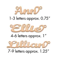 Three rose gold nameplate pendants with loops, labeled by letter count and approximate size: Ann (1-3 letters, 0.75"), Ellie (4-6 letters, 1"), and Lillian (7-9 letters, 1.25").