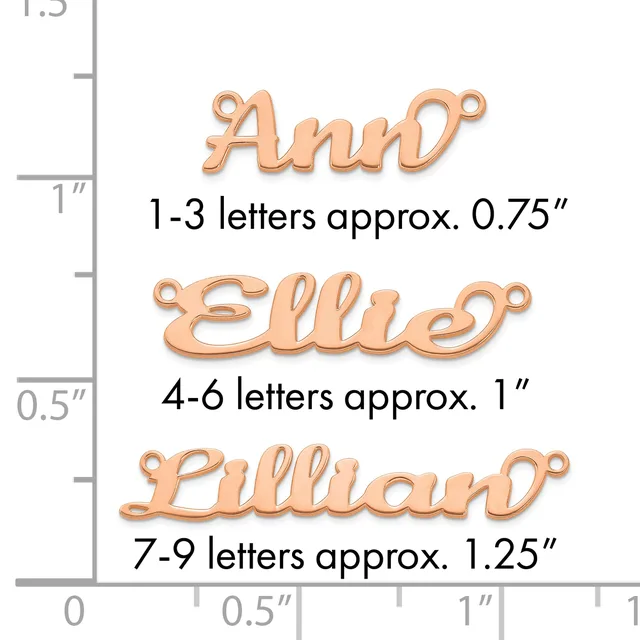 Three rose gold nameplate pendants shown at actual size with measurement scale: Ann (0.75"), Ellie (1"), and Lillian (1.25").