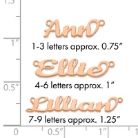 Three rose gold nameplate pendants shown at actual size with measurement scale: Ann (0.75"), Ellie (1"), and Lillian (1.25").