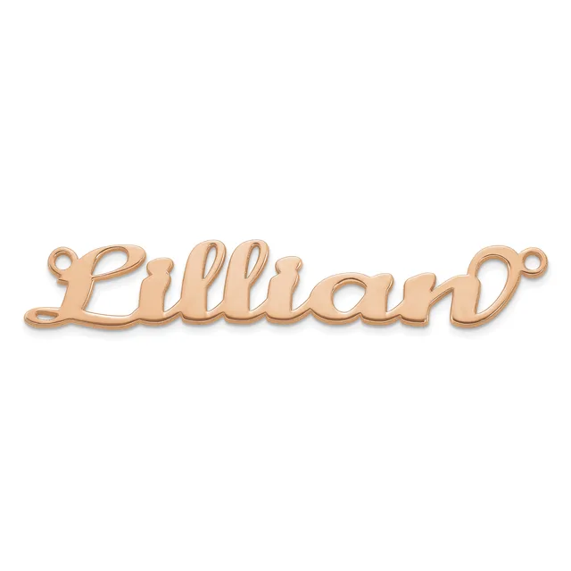 Rose gold-colored metal nameplate pendant spelling "Lilliah" in cursive script with small loops at each end for attachment.
