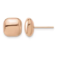 A pair of polished rose gold rounded square stud earrings shown from front and side views with posts and backs.