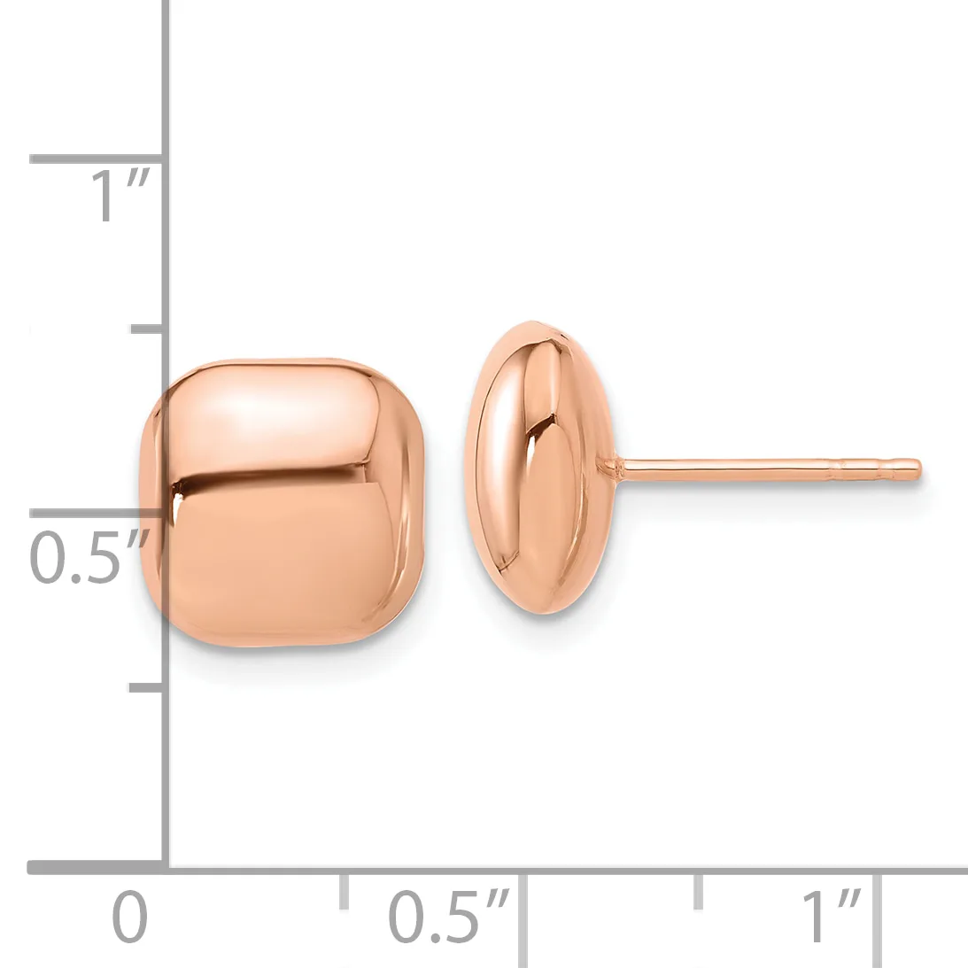 Rose gold polished square stud earrings shown front and side view with measurement scale indicating approximately 0.5 inch dimensions.