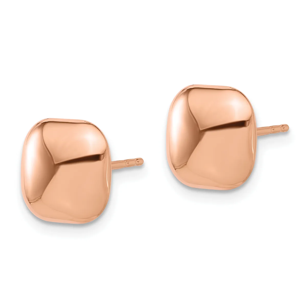 A pair of rose gold polished square stud earrings with rounded corners displayed against a white background.