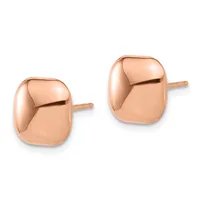A pair of rose gold polished square stud earrings with rounded corners displayed against a white background.