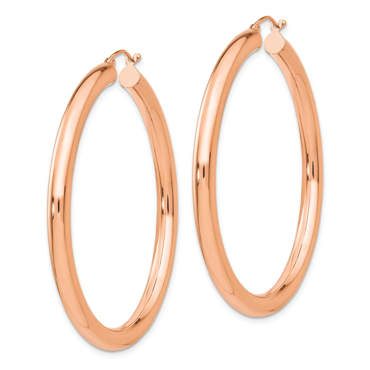 A pair of polished rose gold hoop earrings with a smooth, rounded profile and hinged closures, displayed side by side.