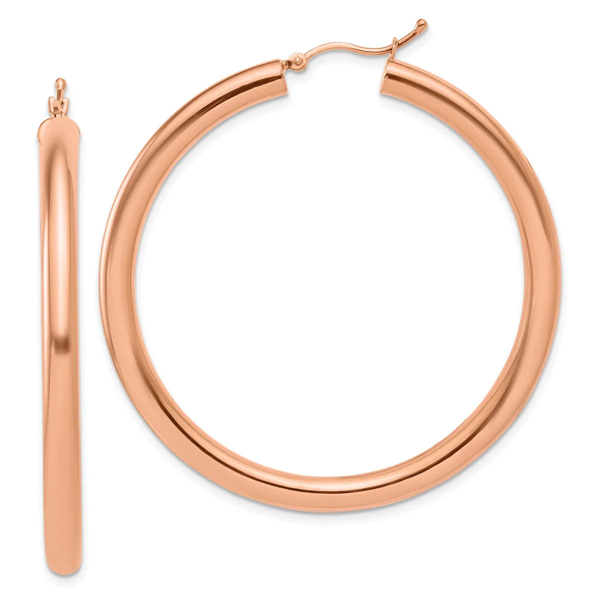 A pair of polished rose gold hoop earrings displayed side by side, one shown from the front and one from the side, with hinged closures.