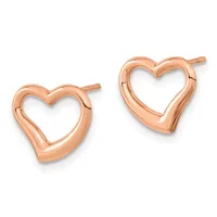A pair of rose gold heart-shaped stud earrings with hollow centers and post backs, displayed against a white background.