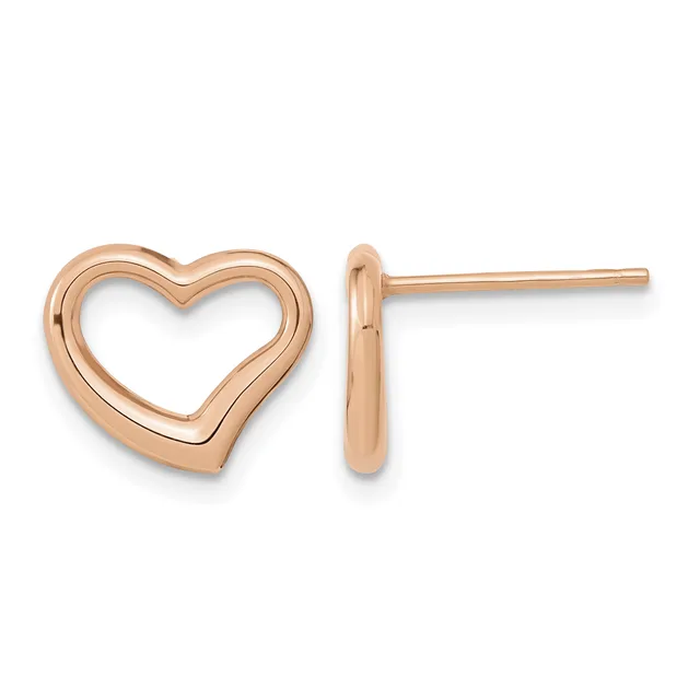 A pair of rose gold heart-shaped stud earrings with hollow centers and straight posts, shown from front and side views.