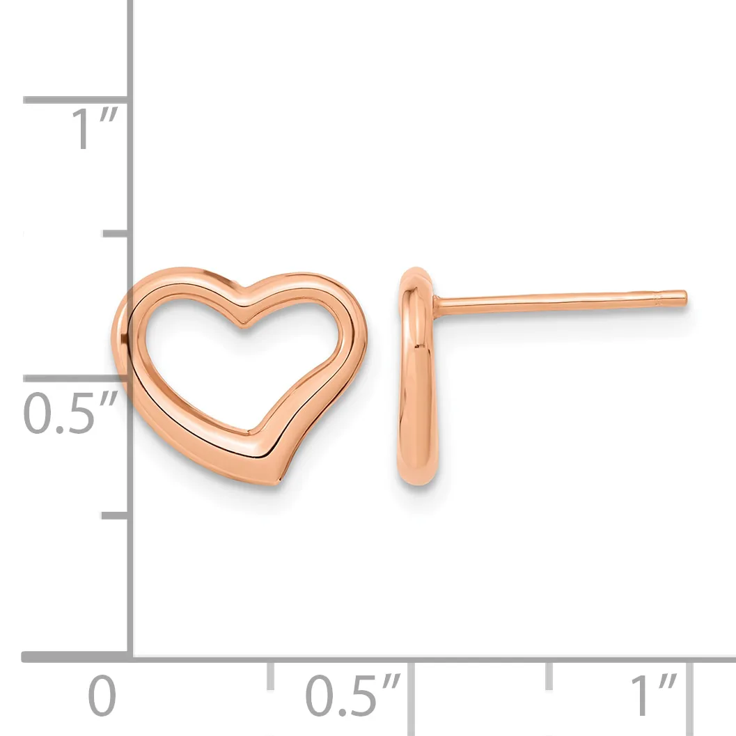 Rose gold heart-shaped stud earrings displayed next to a measurement ruler showing approximately half-inch height.