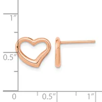 Rose gold heart-shaped stud earrings displayed next to a measurement ruler showing approximately half-inch height.