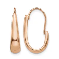 Pair of rose gold hoop earrings with a polished finish and elongated teardrop shape, shown from front and side views.