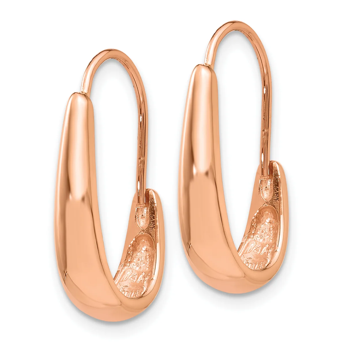 A pair of polished rose gold hoop earrings with a smooth, curved elongated oval shape and textured interior details, shown against a white background.