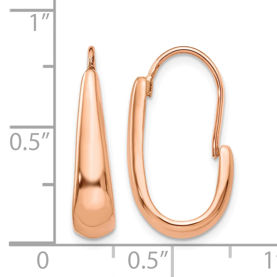 A pair of rose gold teardrop hoop earrings with polished finish, shown against a measurement scale indicating approximately one inch in length.