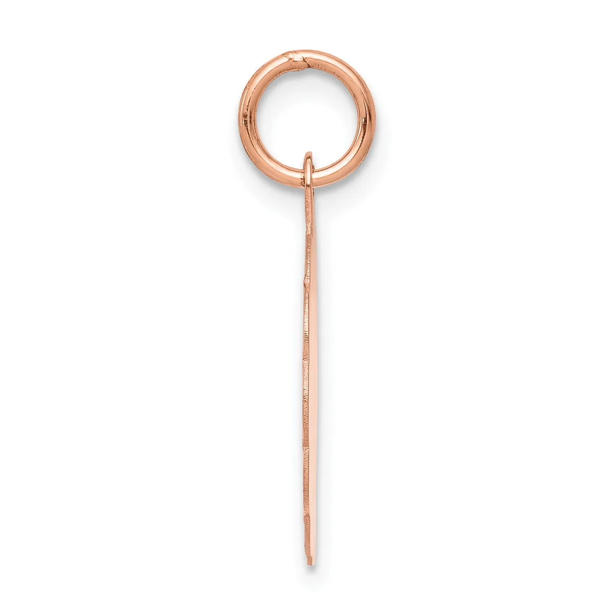 A rose gold pendant with a circular loop at the top and an elongated chain or wire stem hanging below it against a white background.