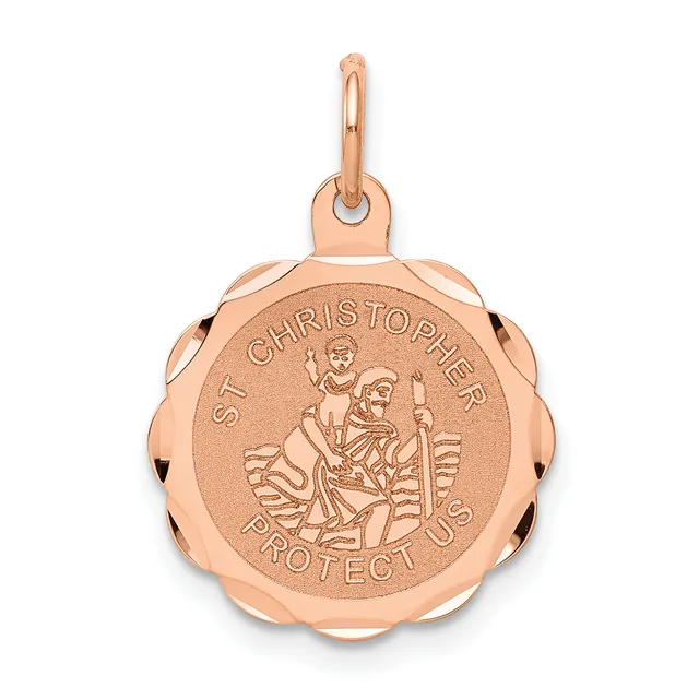Rose gold round pendant with scalloped edges featuring Saint Christopher carrying a child, with "PROTECT US" text around the rim and a small loop bail at the top.