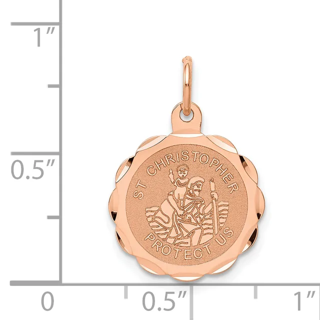 Rose gold scallop-edged round pendant with St. Christopher relief design, shown against a measurement scale indicating approximately one inch in diameter.