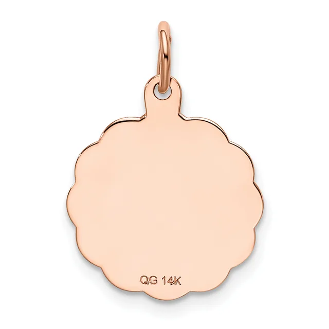 A rose gold scalloped circular charm with a small loop attachment at the top and a small stamped hallmark on the lower surface.