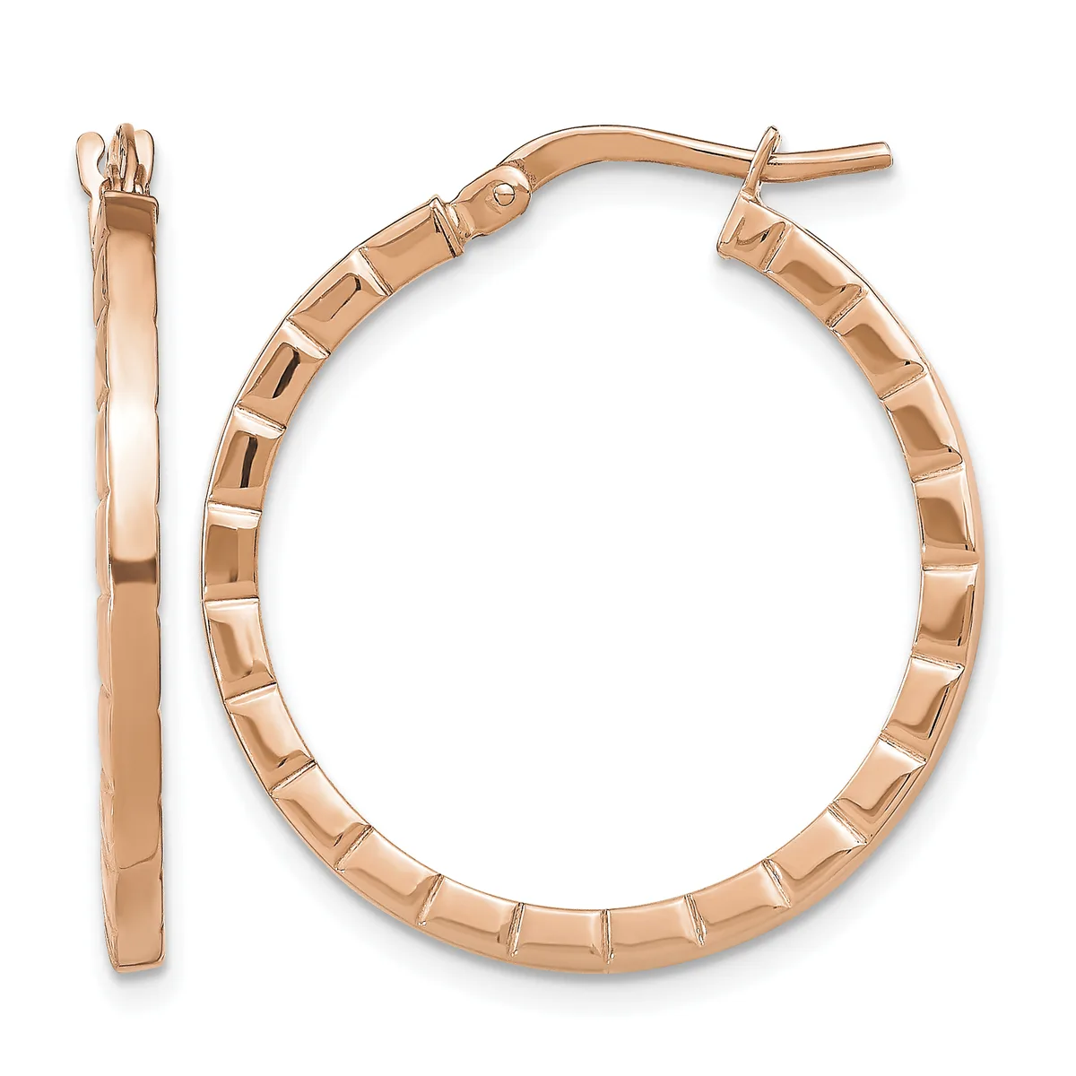 A pair of rose gold hoop earrings with a textured, segmented surface design, shown from front and side views.