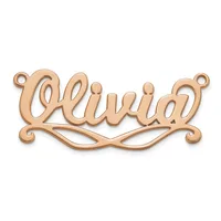 Rose gold-toned metal nameplate pendant with the name "Lairah" in cursive script, featuring decorative scrollwork at the ends and bottom.