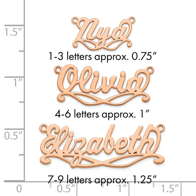 Three copper name pendants shown against a measurement scale, ranging from 0.75 inches for 1-3 letters to 1.25 inches for 7-9 letters, each featuring decorative flourishes.