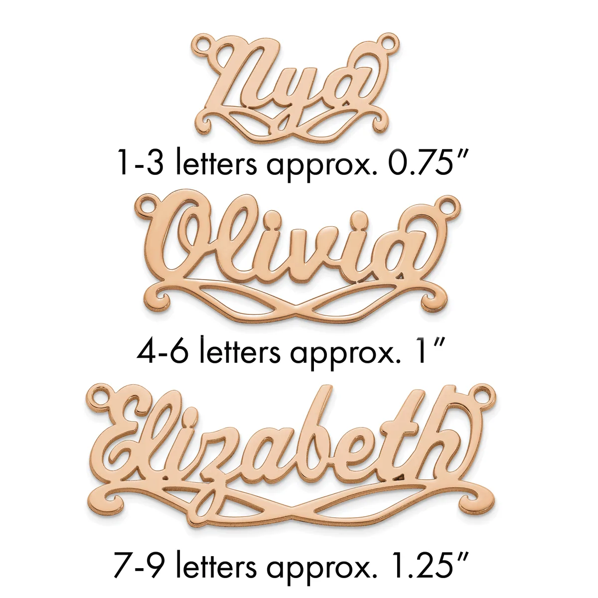 Three rose gold nameplate pendants shown with decorative scrollwork borders, labeled by letter count and approximate size: 0.75", 1", and 1.25".