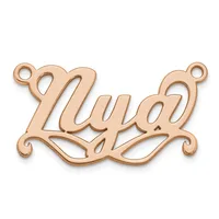 Rose gold-plated decorative pendant with ornate scrollwork featuring the word "Lucy" in cursive script with two attachment loops at the top.
