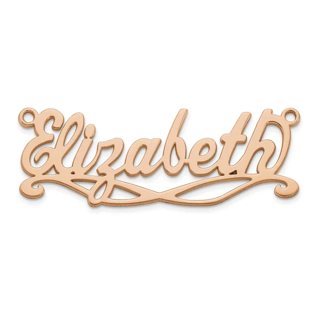 Rose gold-colored metal name pendant spelling "Elizabeth" with decorative scrollwork and small loops at each end for hanging.