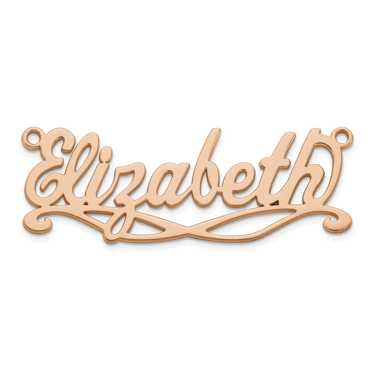 Rose gold-colored metal name pendant spelling "Elizabeth" with decorative scrollwork and small loops at each end for hanging.