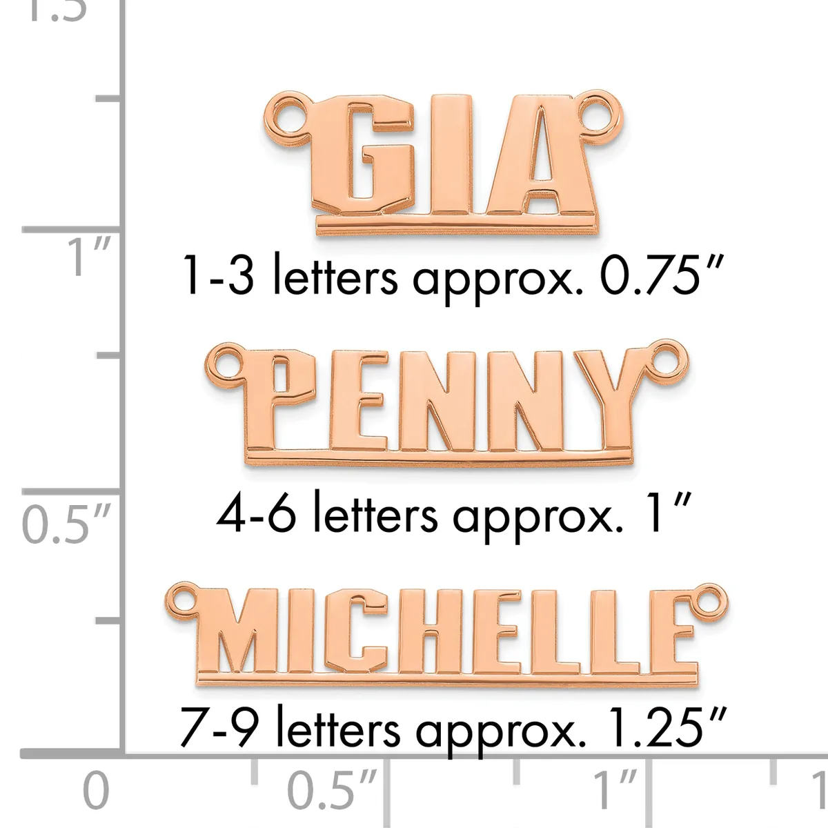 Three rose gold name pendants displayed against a measurement ruler showing size comparisons: Gia at 0.75 inches, Penny at 1 inch, and Michelle at 1.25 inches.