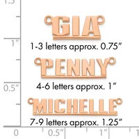 Three rose gold name pendants displayed against a measurement ruler showing size comparisons: Gia at 0.75 inches, Penny at 1 inch, and Michelle at 1.25 inches.