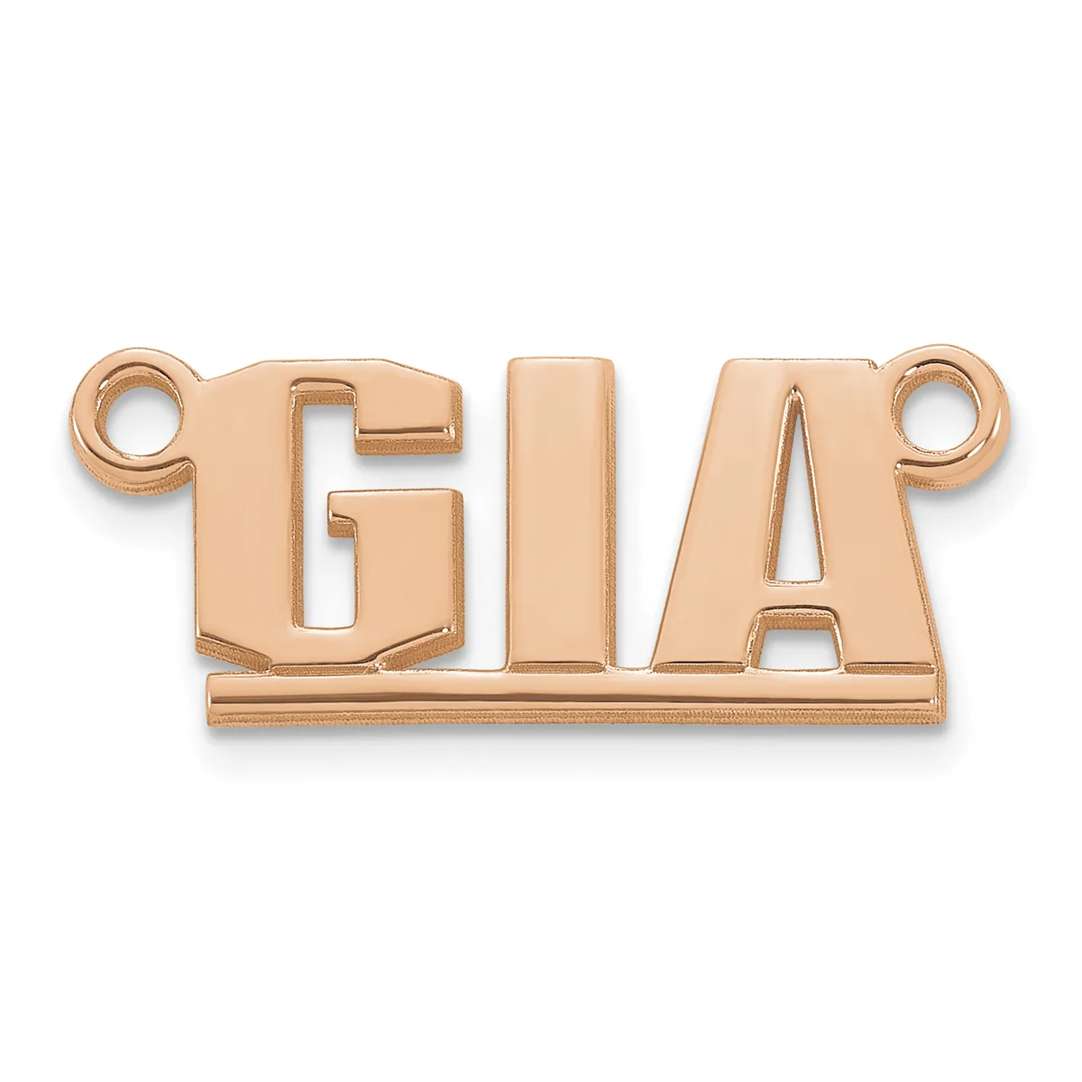 Rose gold rectangular pendant with cutout letters spelling a name, featuring loops at each end for attachment.